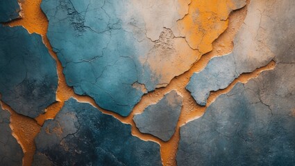 Poster - cracked wall texture with a blend of blue and orange hues creating an abstract background ideal for 