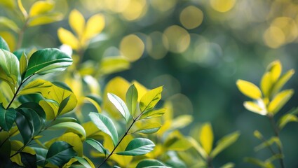 Poster - Abstract blurred background of vibrant yellow and green leaves with a soft bokeh effect creating a serene natural atmosphere.