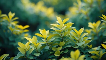 Poster - lush foliage in vibrant green and yellow hues creating a serene, abstract blurred background perfect