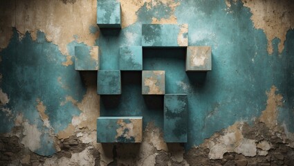 Poster - abstract geometric forms on a weathered grunge wall showcasing texture and color contrasts in a cont