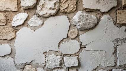 Poster - Textured white stone and plaster wall with uneven surfaces, ideal for backgrounds in contemporary design or rustic decor themes.