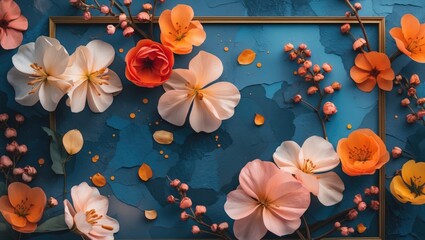 Floral arrangement with vibrant blossoms and abstract background in rich blue tones for elegant design and decoration concepts.