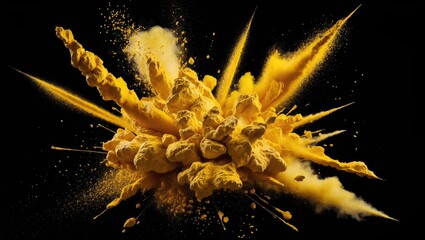 Poster - Dynamic burst of yellow and gold powder creating an explosive visual on a dark background ideal for artistic and creative compositions.