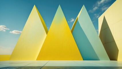 Poster - geometric composition featuring colorful triangular shapes in shades of yellow and blue against a br