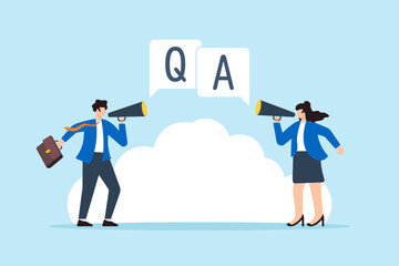 Poster - Flat illustration businessman and businesswoman shout on megaphone Q A question session speech bubble symbolizing problem solving