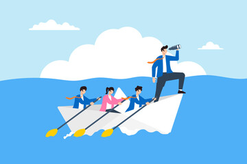 Poster - Flat illustration businessman leader with binocular lead team sailing origami ship symbolizing leadership in crisis