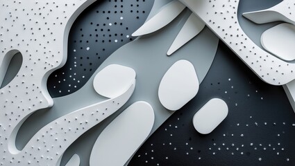 Poster - modern abstract background with layered white shapes on a textured black wall, featuring dotted meta