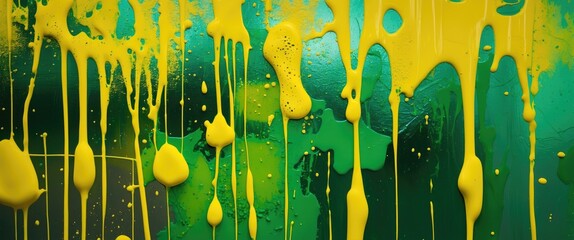 Poster - vibrant abstract paint patterns in yellow and green hues flowing on glass surface creating a dynamic