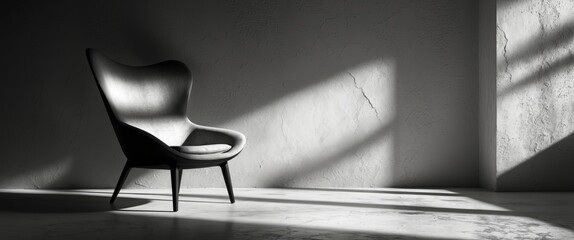 Poster - elegant black and white image featuring a modern chair casting abstract shadows in a minimalist inte