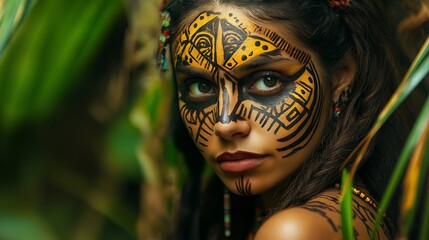 Poster - A woman with intricate tribal face paint, standing in the jungle