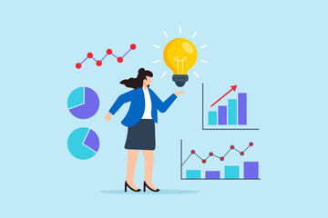 Aufkleber - Flat illustration businesswoman present glowing lightbulb idea with charts symbolizing business strategy optimization