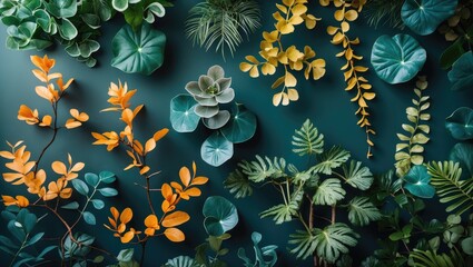 Poster - Vibrant abstract plant composition featuring lush greenery and colorful foliage against a deep teal background for a fresh botanical aesthetic