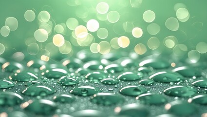 Poster - beautiful green bokeh background with shimmering water droplets creating an ethereal and serene atmo