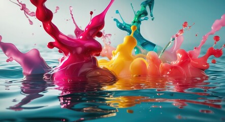 Poster - Vibrant ink splashes and colorful droplets creating abstract patterns in water showcasing dynamic movement and fluid artistry.