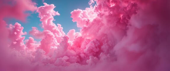 Poster - Dreamy pastel pink cloudscape with a serene blue sky background creating an abstract soft focus atmosphere for artistic compositions.