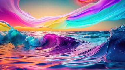 Poster - Vibrant abstract waves with colorful flowing ribbons against a serene ocean backdrop capturing the essence of tranquility and creativity.