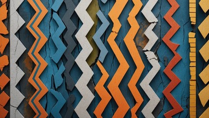 Poster - vibrant abstract texture of broken zigzag stripes in blue orange and gray ideal for designing fishin