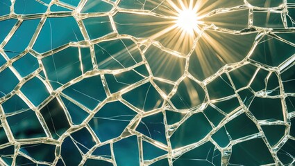 Poster - intricate patterns of shattered glass illuminated by bright light creating a visually striking textu