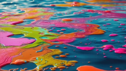 Poster - Vibrant abstract patterns of multicolored gasoline stains on a serene water surface reflecting dynamic hues and textures.