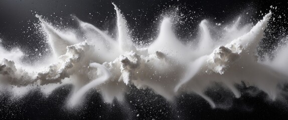 Poster - Dynamic white powder explosion creating an abstract artistic background with motion and texture against a dark backdrop.