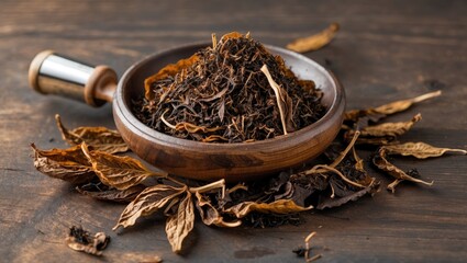 Poster - Dried tea leaves and herbal ingredients in wooden bowl on rustic wooden surface with scattered leaves around