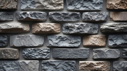 Aufkleber - Textured wall of natural stone bricks in various shades of gray and beige arranged in a pattern for architectural background use