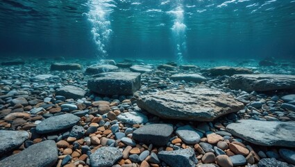 Aufkleber - Underwater landscape featuring stones and pebbles with bubbles rising to the surface in clear blue water