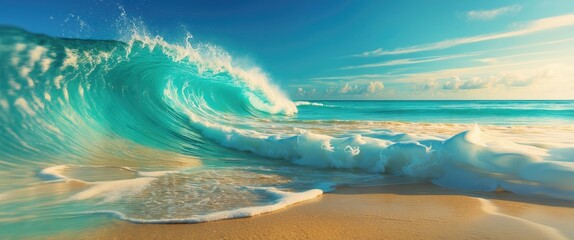 Aufkleber - Ocean wave crashing on sandy beach with clear blue sky and soft clouds in the background during daytime