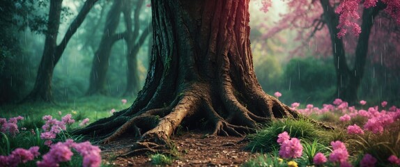 Poster - Large tree trunk with extensive roots surrounded by pink flowers in a misty forest environment