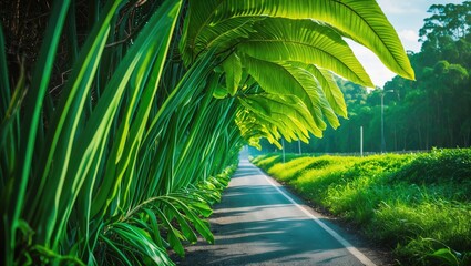 Poster - Roadside scene lined with large green tropical leaves and lush vegetation under bright daylight