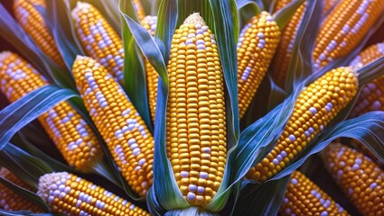 Aufkleber - Close-up of fresh yellow corn on the cobs with green leaves arranged in a vibrant display on a blurred background