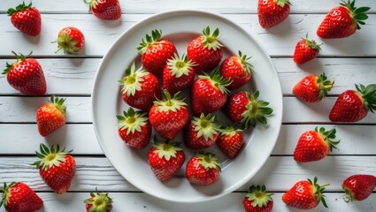 Aufkleber - Fresh ripe strawberries arranged on a white plate with additional strawberries scattered on a rustic wooden surface
