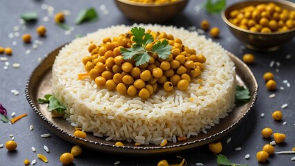 Poster - Rice dish topped with yellow peas and garnished with coriander leaves on a dark textured surface with scattered peas and herbs.