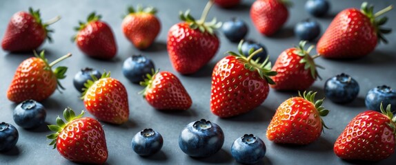 Aufkleber - Fresh strawberries and blueberries arranged on a dark background highlighting their vibrant colors and textures