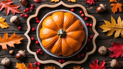 Poster - Autumn decoration with bright orange pumpkin surrounded by colorful leaves acorns and red berries on wooden background