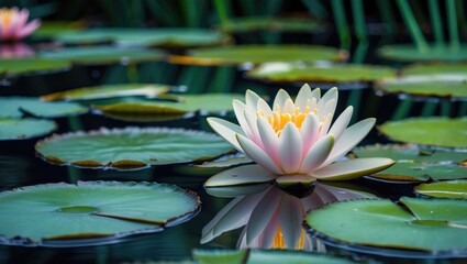 Aufkleber - Pink and white water lily flower on calm pond water surrounded by green lily pads and blurred background foliage