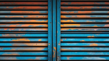 Poster - Grunge abstract texture of a weathered aluminum shutter with vibrant blue and orange hues creating an industrial aesthetic background.