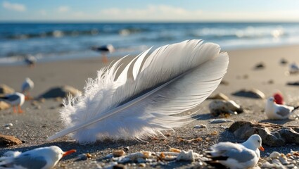 Aufkleber - White feather on sandy beach with seagulls and ocean background in soft sunlight.