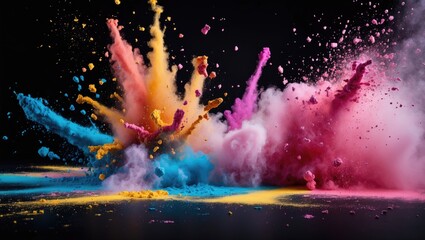 Fototapete - Colorful explosion of powdered pigments creating dynamic cloud effects on dark background