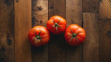Poster - Fresh ripe tomatoes arranged on rustic wooden surface in natural light
