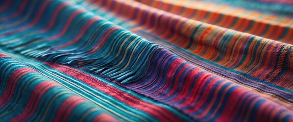 Aufkleber - Colorful textile fabric with vibrant stripes and fringes detail showcasing intricate weaving patterns and rich colors.