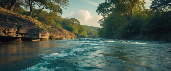 Poster - River flowing through a lush green forest with rocky banks and trees under a bright sky during golden hour.