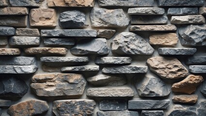 Poster - Textured stone wall with various shades of gray and earthy brown stones arranged in a natural pattern for architectural design backgrounds