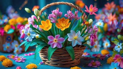 Poster - Colorful bouquet of spring flowers in woven basket with vibrant background and scattered flower petals on blue surface
