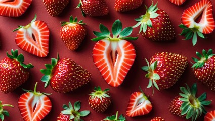 Aufkleber - Freshly sliced strawberries arranged on a deep red background showcasing whole and halved fruits with vibrant red and green colors.