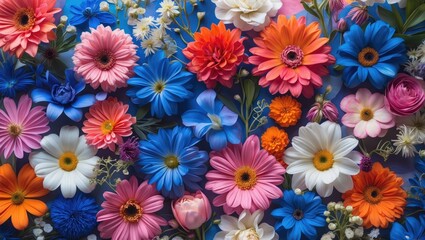 Poster - Colorful assortment of various flowers arranged on a blue background displaying vibrant petals and diverse floral species