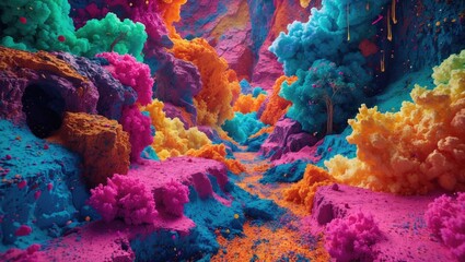 Poster - Vibrant abstract landscape with colorful textures and dynamic formations showcasing a surreal environment in vivid hues and intricate details
