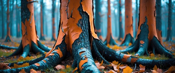 Poster - Autumn forest scene with textured tree trunks displaying orange bark and fallen leaves in a dense misty atmosphere