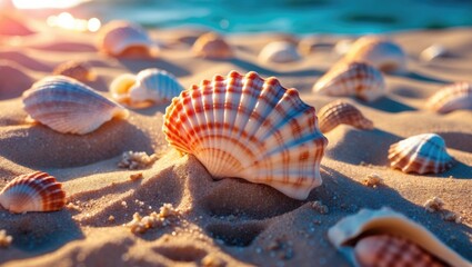 Poster - Close-up of assorted seashells scattered on sandy beach with soft sunlight illuminating the scene