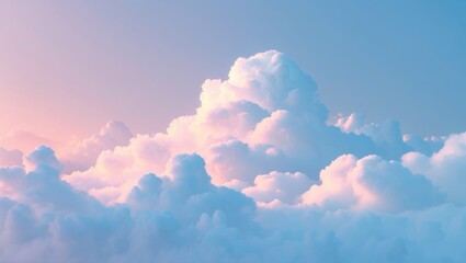 Aufkleber - Fluffy white clouds illuminated by soft pastel colors in a clear blue sky during sunset or sunrise.